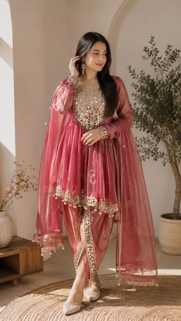 Dusty rose mirror-work dhoti set for mehendi rental